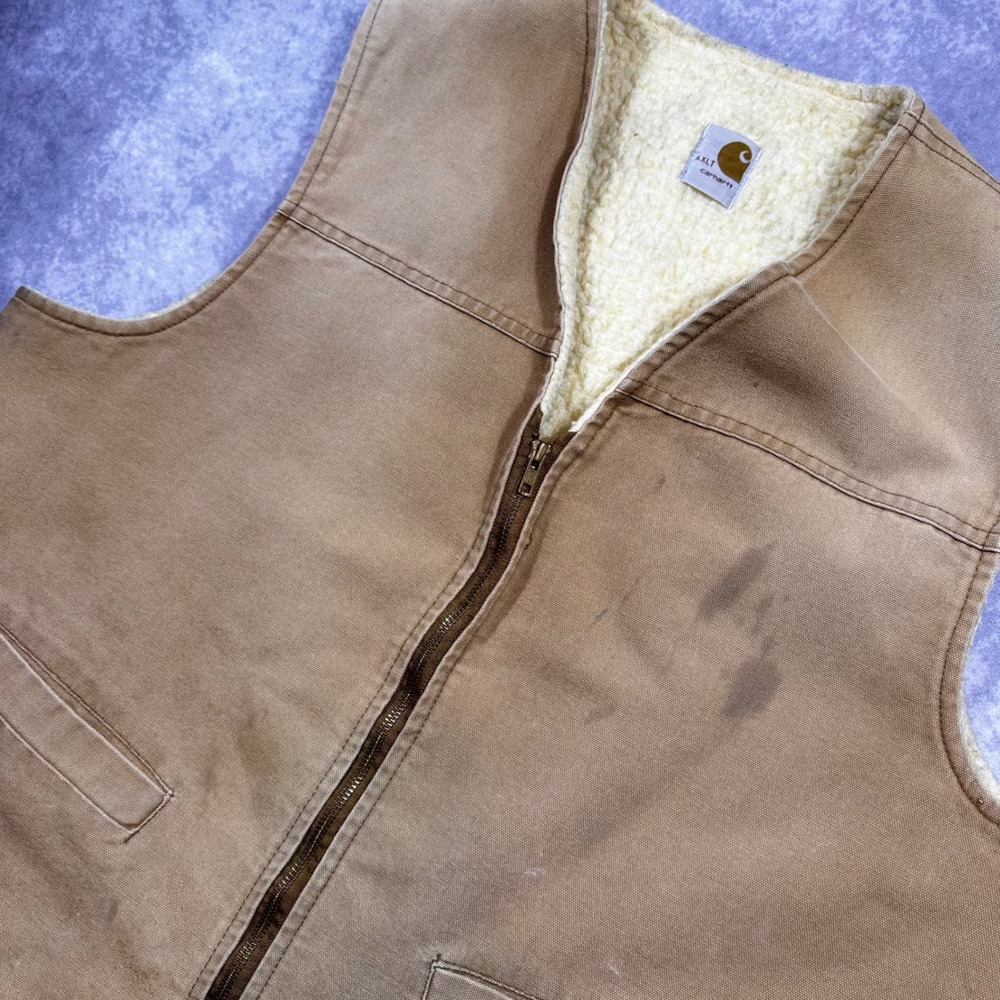 Vintage Carhartt Sherpa Lined Duck Canvas Vest Mens XXLT Tan Brown V02 BRN